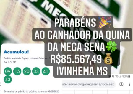 Apostador de Ivinhema acerta quina da mega sena e leva mais de R$ 85 mil
