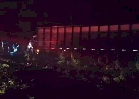 Mulher morre e crian&ccedil;a fica ferida ap&oacute;s caminh&atilde;o com cavalos tombar na BR-262, em Ribas do Rio Pardo