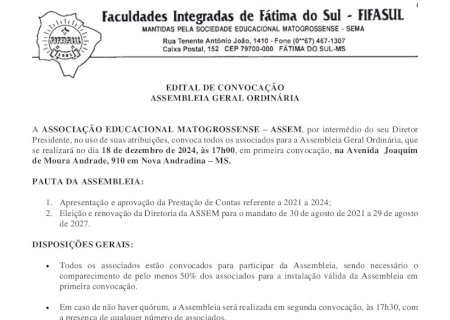EDITAL DE CONVOCAÇÃO ASSEMBLEIA GERAL ORDINÁRIA ASSOCIAÇÃO EDUCACIONAL MATOGROSSENSE – ASSEM