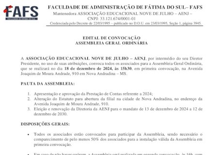 EDITAL DE CONVOCAÇÃO ASSEMBLEIA GERAL ORDINÁRIA Associação Educacional Nove de Julho - AENJ