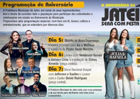 Jateí 62 anos: Prefeitura define programação para celebrar aniversário, que será aberta neste dia 5